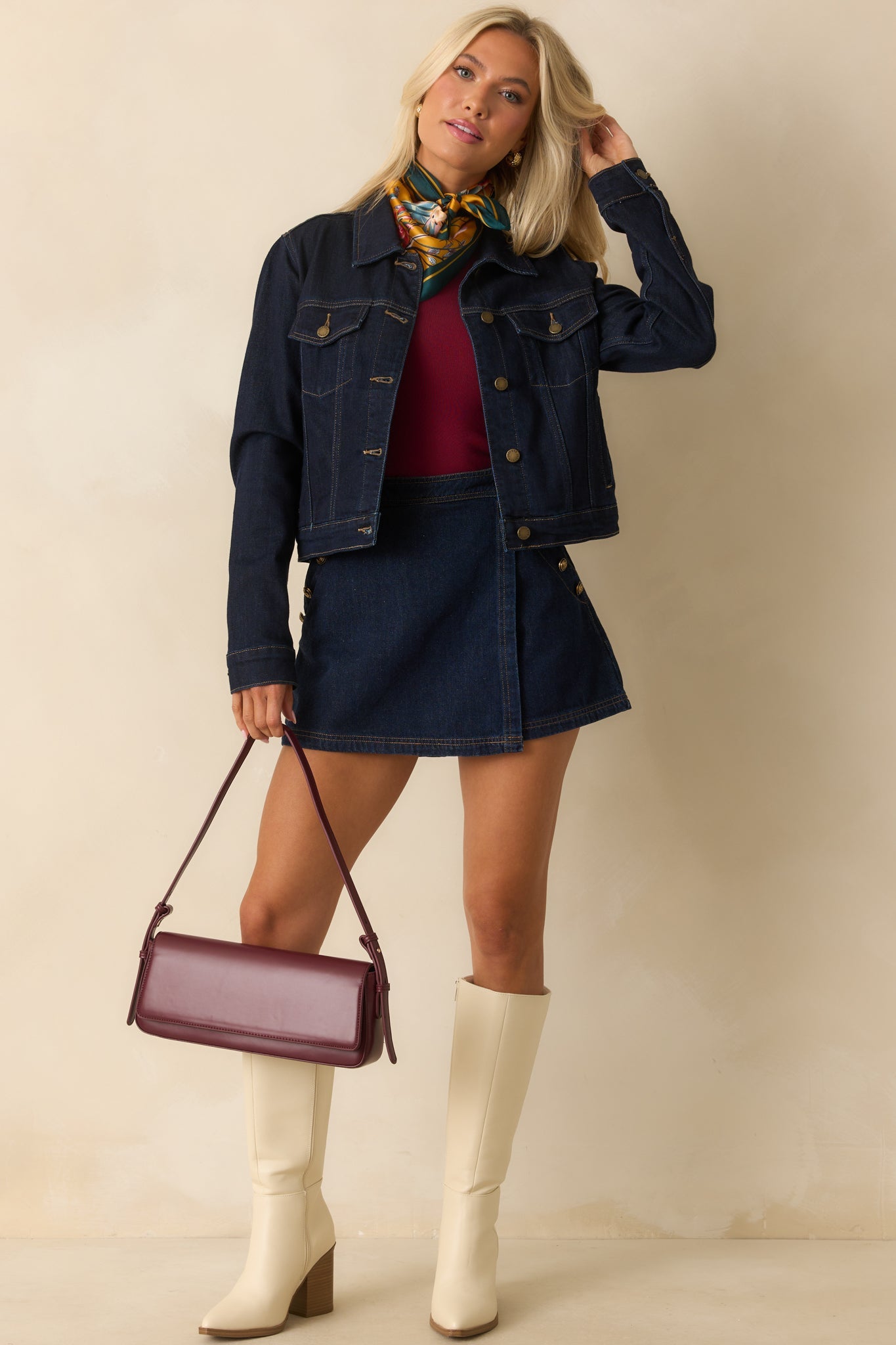 Never Looked Better Dark Wash Cotton Denim Mini Wrap Skort