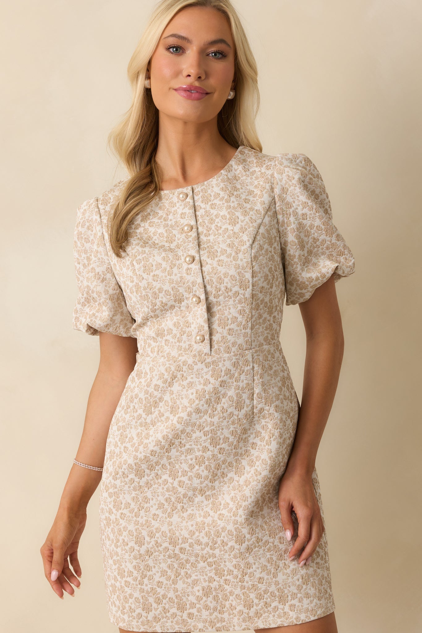 First Impression Beige Floral Jacquard Puff Sleeve Mini Dress
