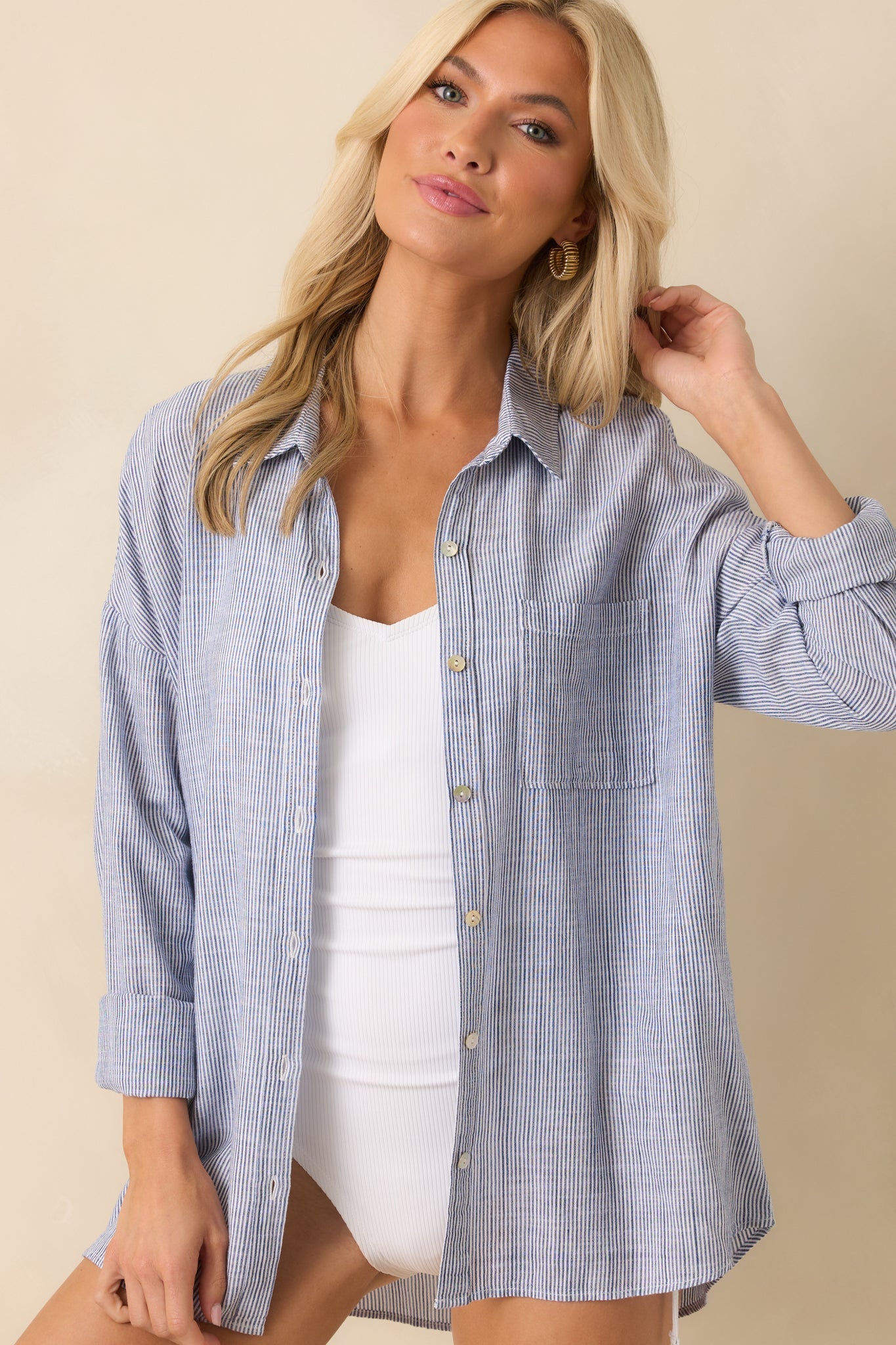 What Do You Mean Blue Stripe Linen Blend Button Front Top