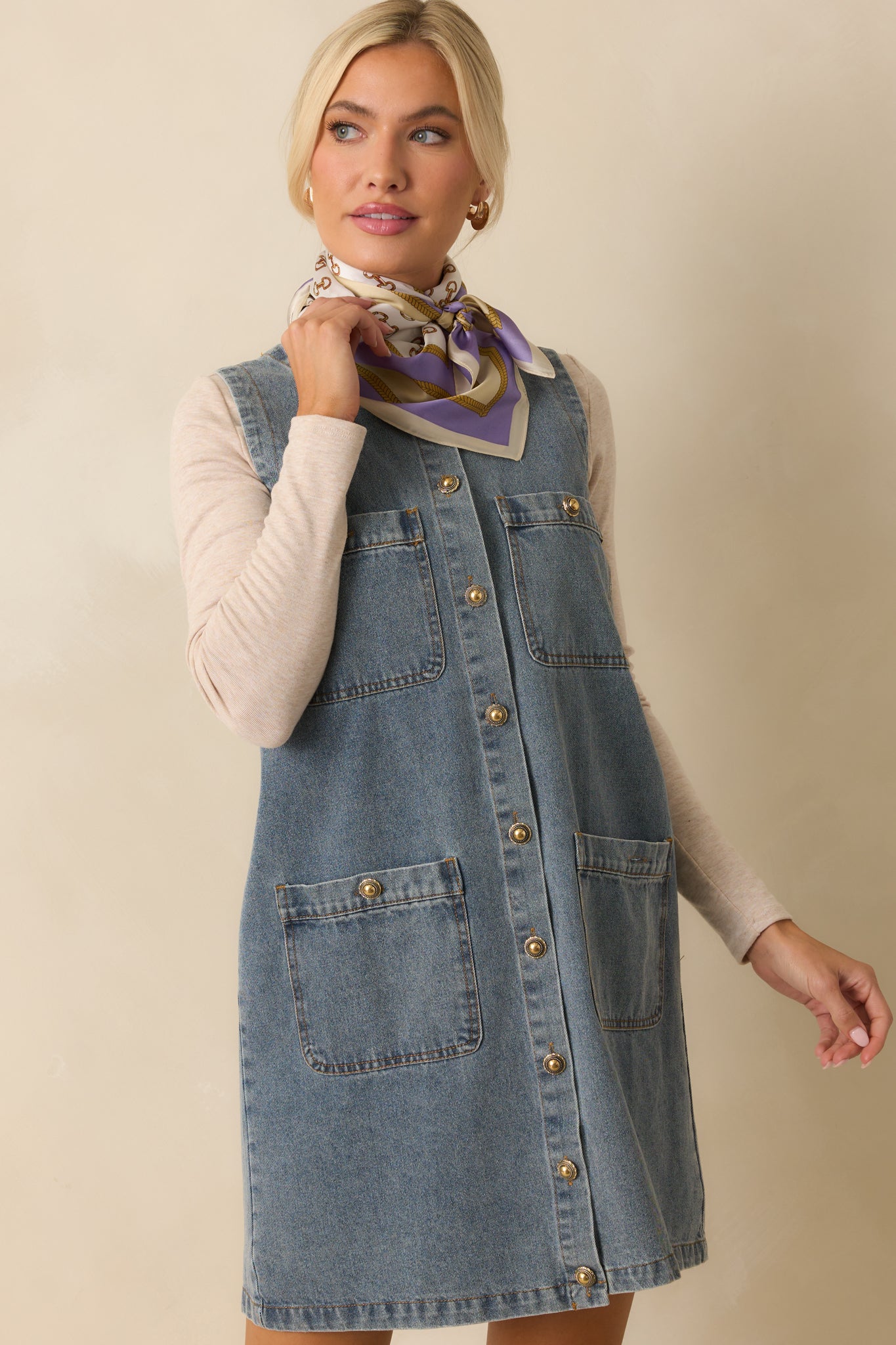 Urban Legend Medium Wash Button Front Denim Mini Dress