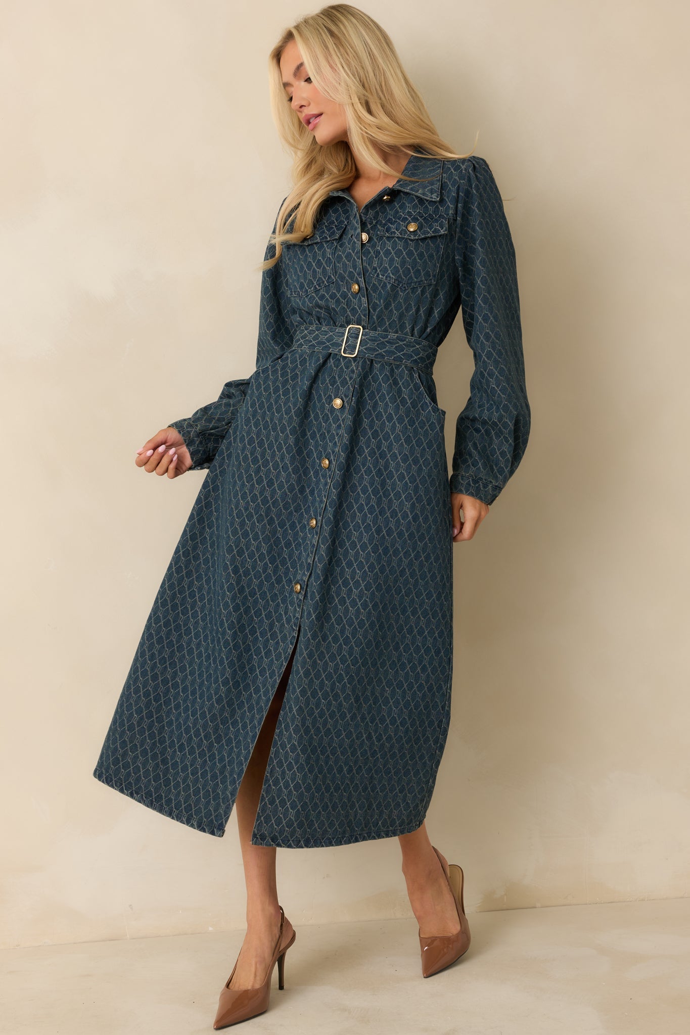 Just As I Said Blue Cotton Patterned Denim Belted Midi Dress