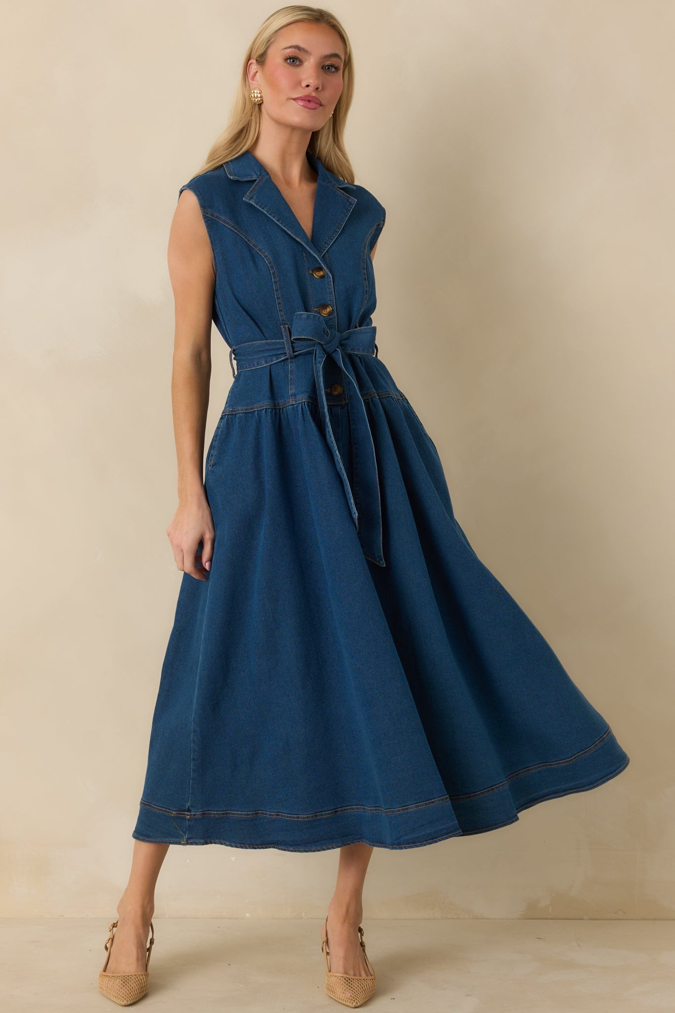 I'm All In Dark Wash Denim Tie-Belt Midi Dress