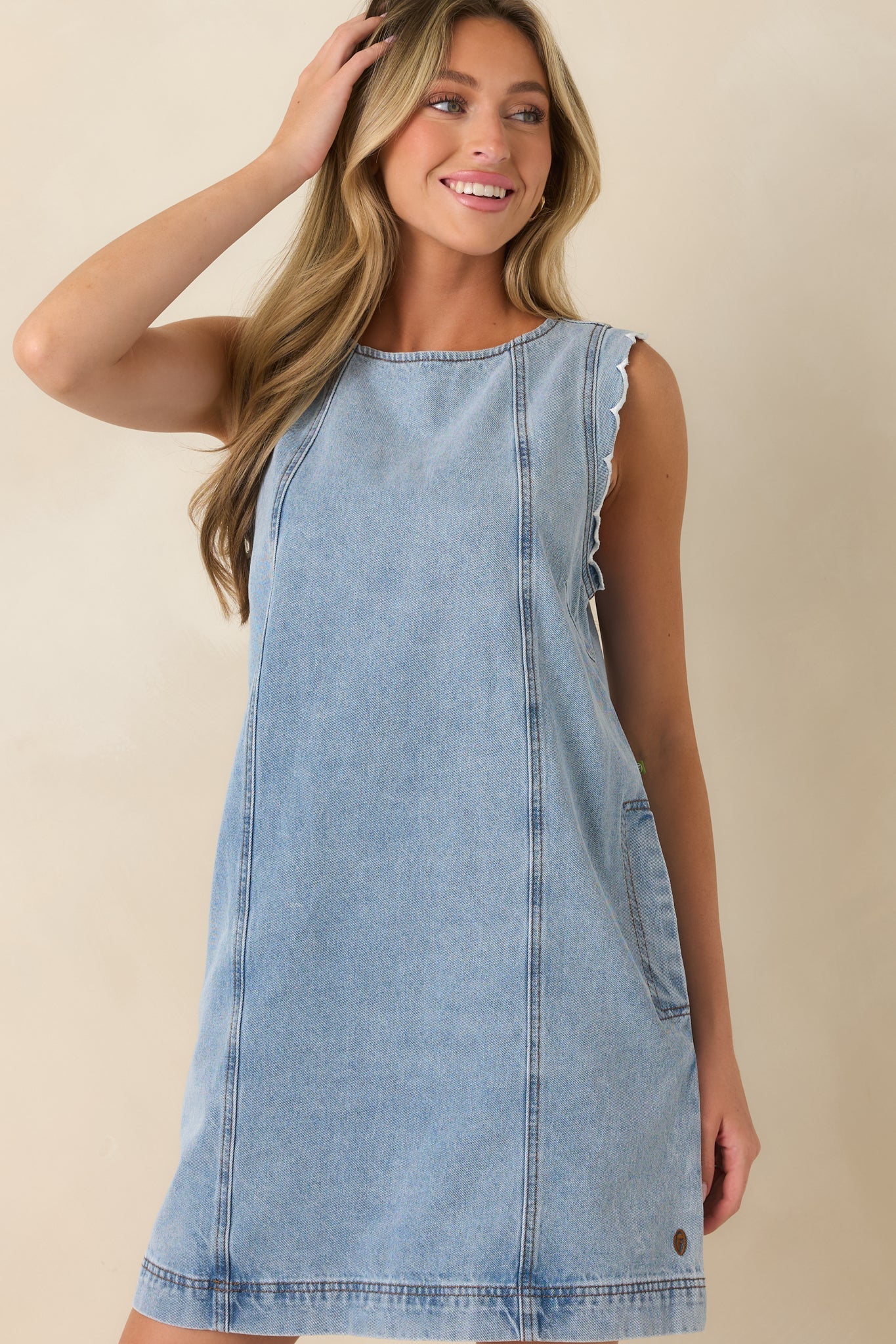 FRNCH Vito Light Wash Cotton Denim Dress
