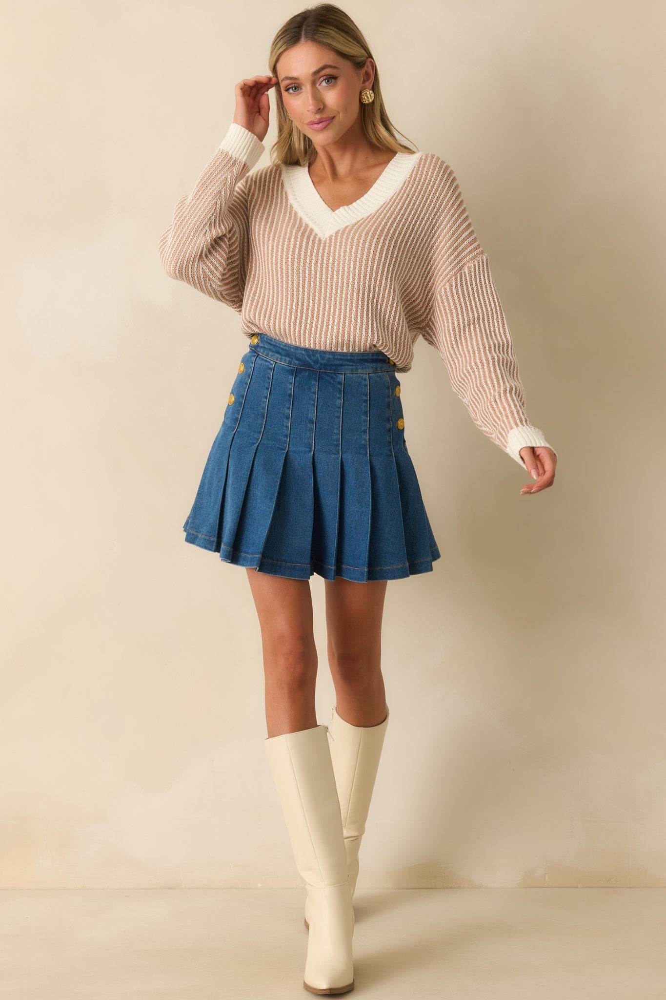 All About Confidence Dark Wash Cotton Pleated Denim Mini Skirt