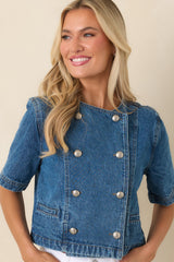 Across the Way Medium Wash Cotton Denim Double Breasted Top