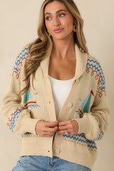 Coast Is Clear Light Beige Multi Knit Button-Up Sailboat Cardigan Sweater