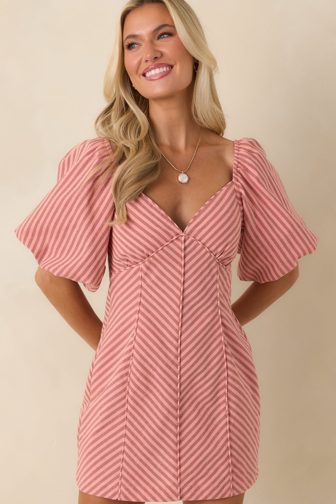 MINKPINK Paloma Coral Pink Stripe Cotton Linen Mini Dress
