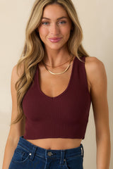 Here We Go Burgundy V-Neck Sleeveless Ribbed Crop Top