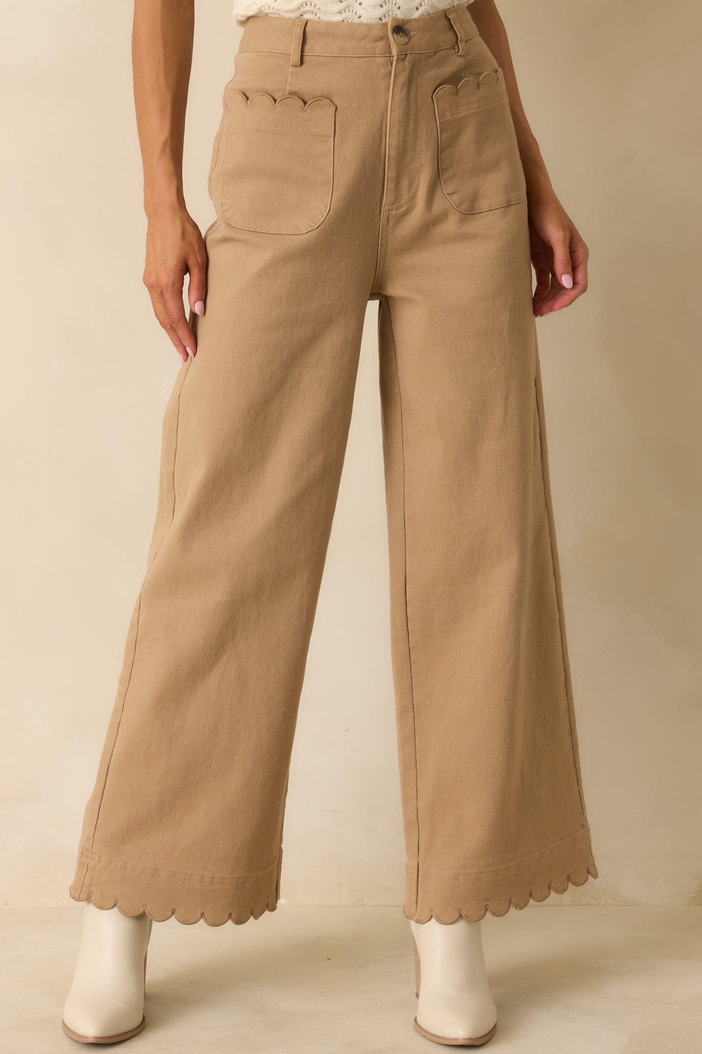 Set For The Day Camel Cotton Scalloped Wide Leg Pants