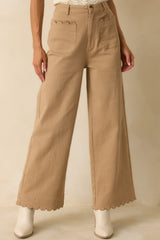 Set For The Day Camel Cotton Scalloped Wide Leg Pants