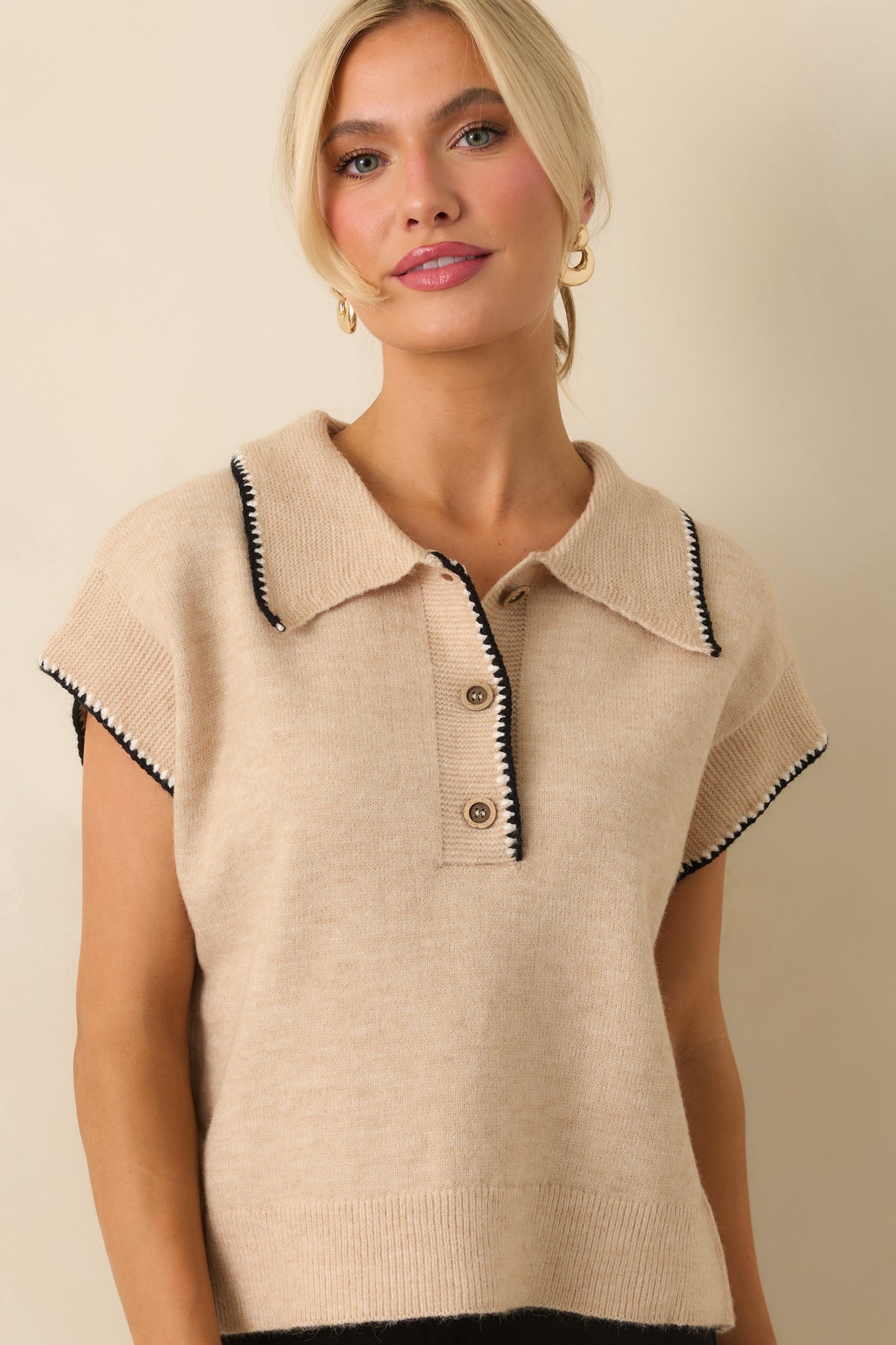 Let's Call It Even Oatmeal Beige Contrast Trim Knit Short Sleeve Polo Top
