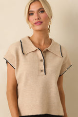 Let's Call It Even Oatmeal Beige Contrast Trim Knit Short Sleeve Polo Top