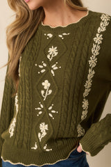 Guess Again Olive Cable Knit Floral Embroidered Scallop Hem Sweater