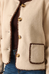 One More Thing Ivory Sherpa Fleece Contrast Trim Button Front Jacket