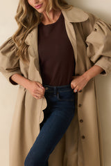 All In Good Fun Khaki Scallop Trim Puff Sleeve Button Front Coat