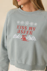 Kiss My Aspen Slate Blue Crewneck Ski Sweatshirt