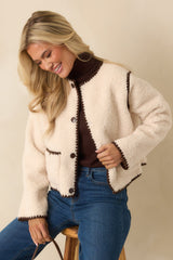 Bound to Be Cozy Ivory & Chocolate Brown Contrast Stitch Sherpa Jacket