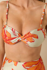 MINKPINK Estelle Green & Orange Floral Print Twist Bikini Top