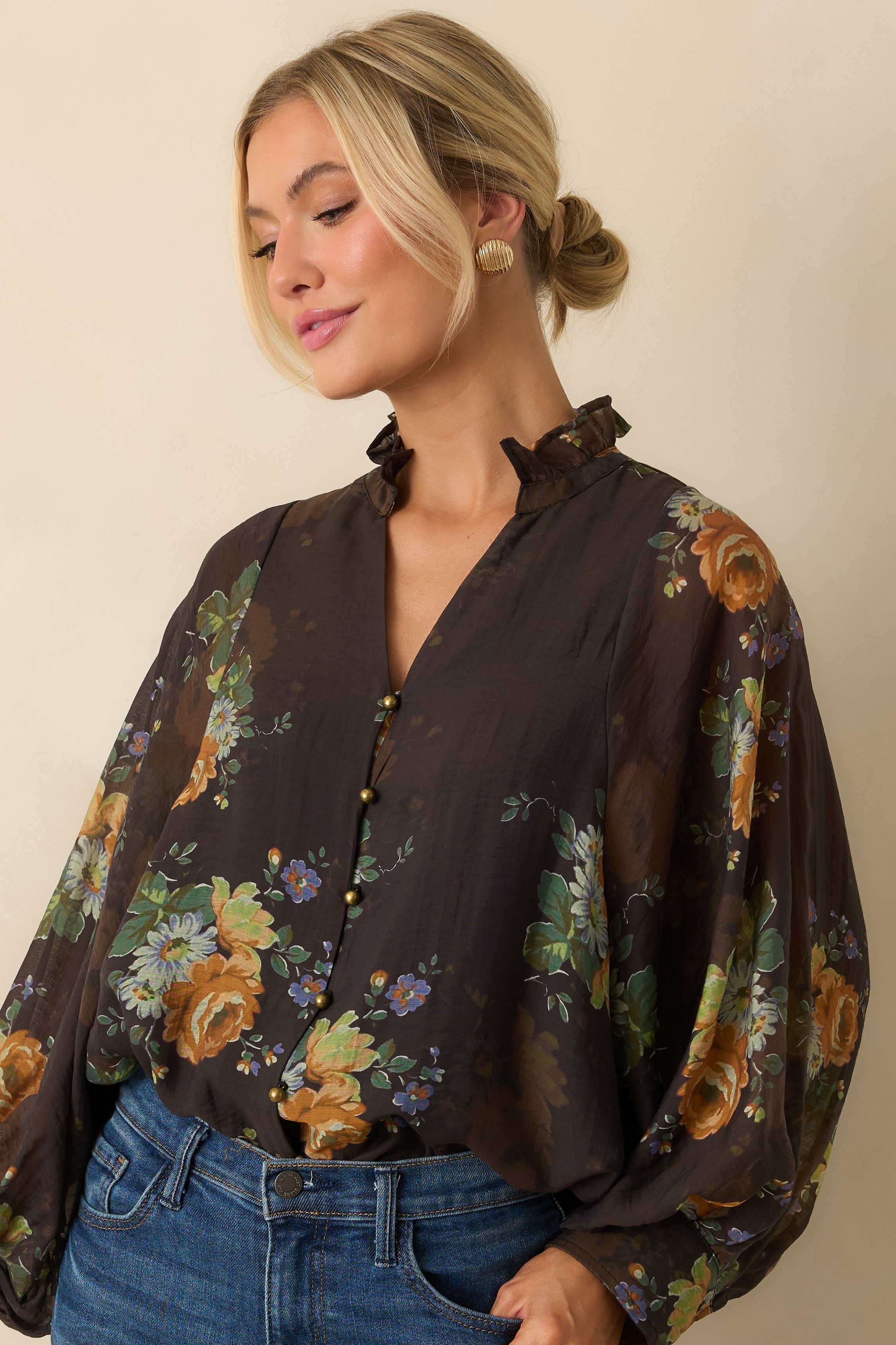 Sweet as Petals Brown Multi Floral Print Button Up Blouse