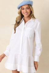 Clean Slate White Cotton Blend Shirt-Style Mini Dress