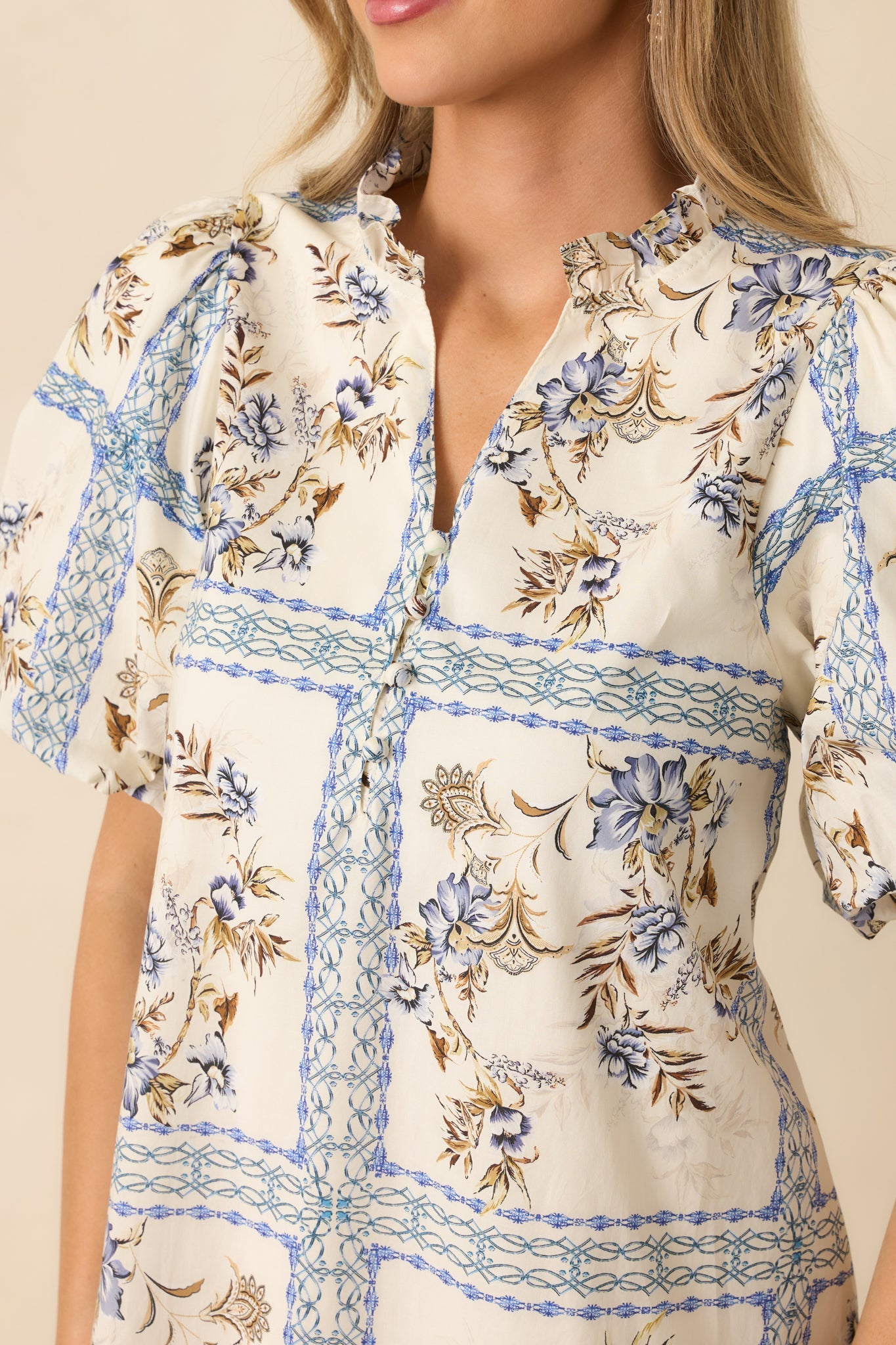 Garden Lattice Ivory Multi Cotton Floral Tile Print Mini Dress