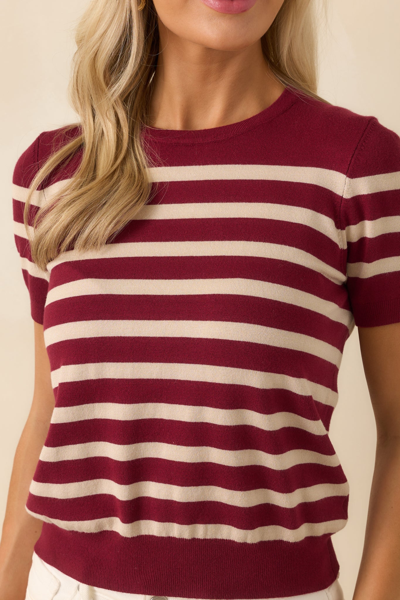 Without A Doubt Burgundy Stripe Short Sleeve Sweater