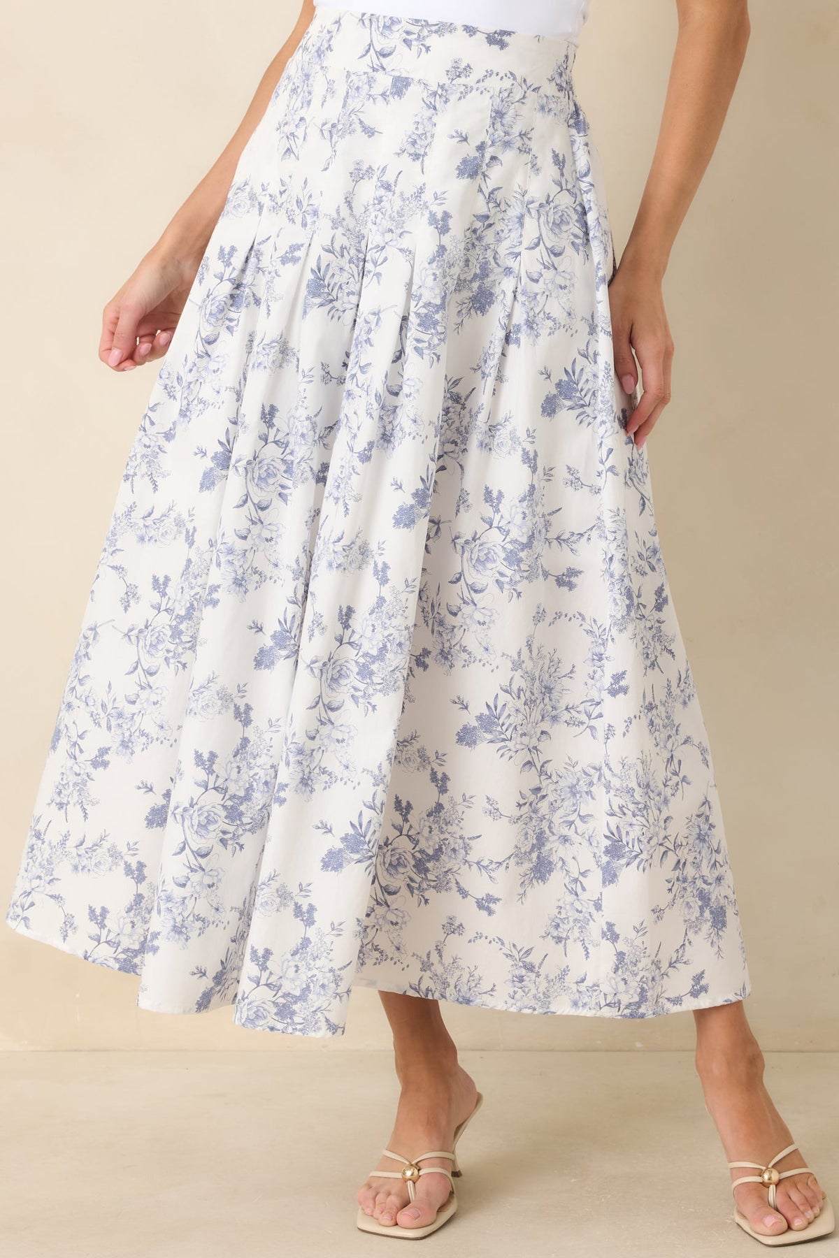 Once Upon a Daydream Blue & Ivory Floral Toile Cotton Maxi Skirt
