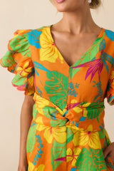 Palm Tree Shadows Orange Tropical Print Linen Romper