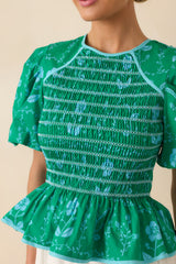 Here And There Kelly Green Floral Print Cotton Peplum Top