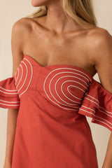 Left An Impression Burnt Orange Linen Blend Off The Shoulder Mini Dress
