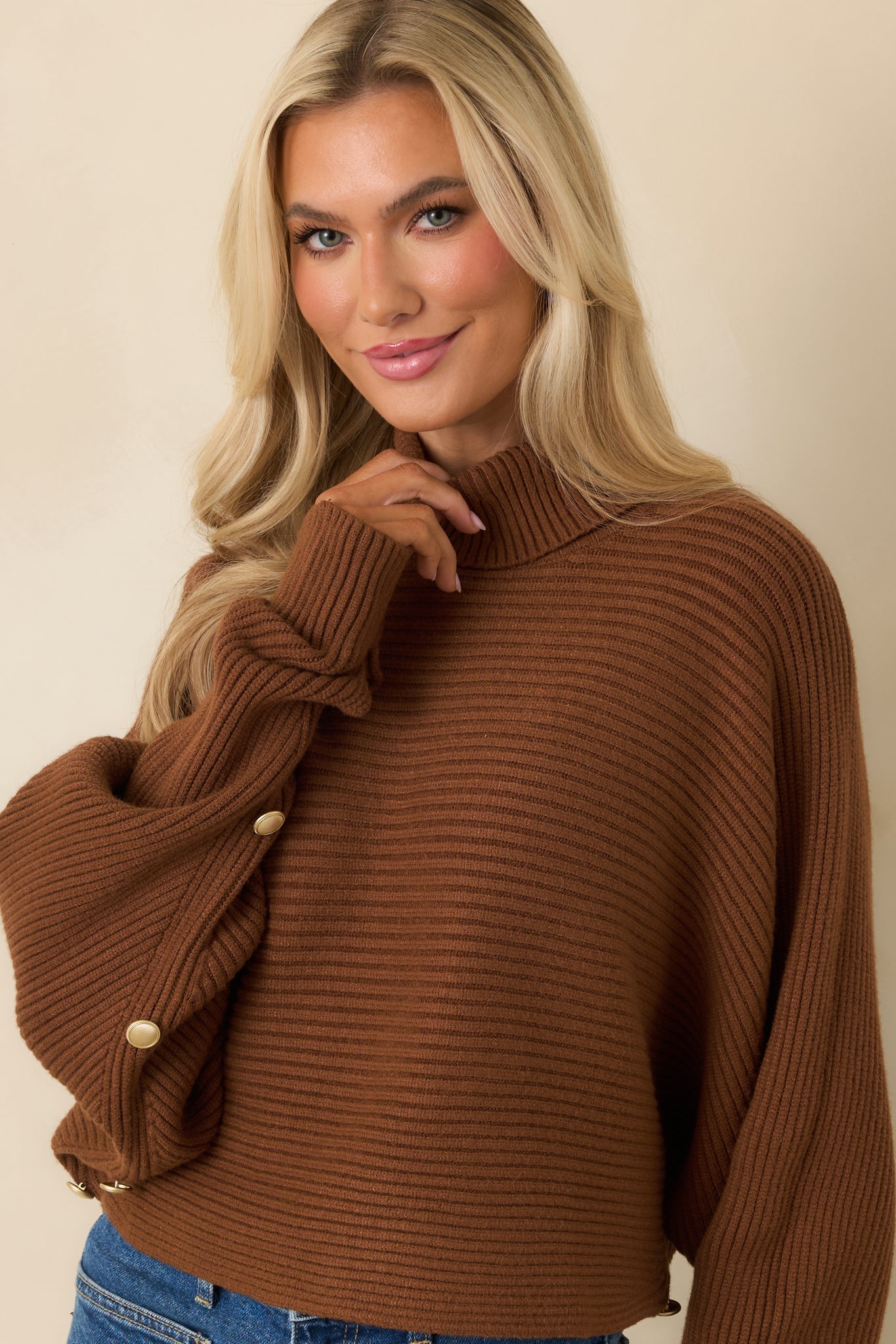 Polished Path Brown Ribbed Batwing Cropped Turtleneck Sweater