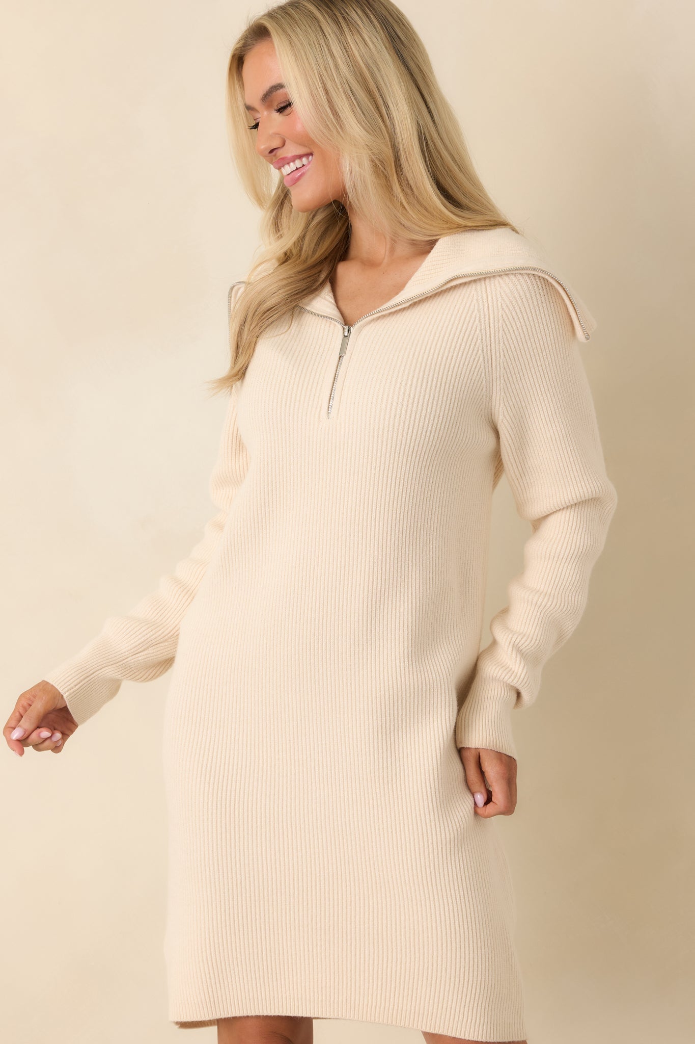 Ease Into It Beige Knit Half-Zip Funnel Collar Longline Sweater Dress