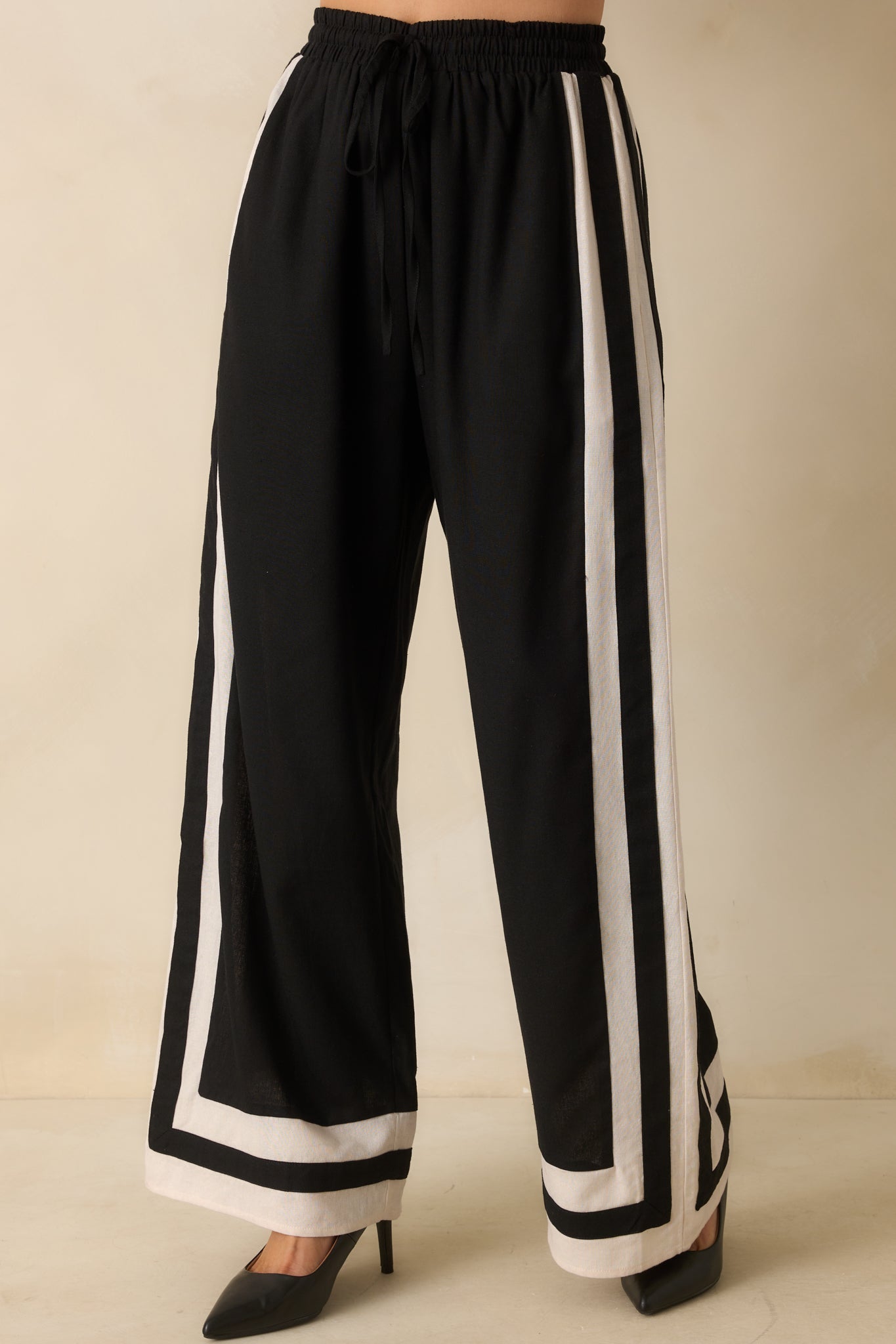 She Always Knows Black Contrast Trim Linen Blend Wide Leg Pants