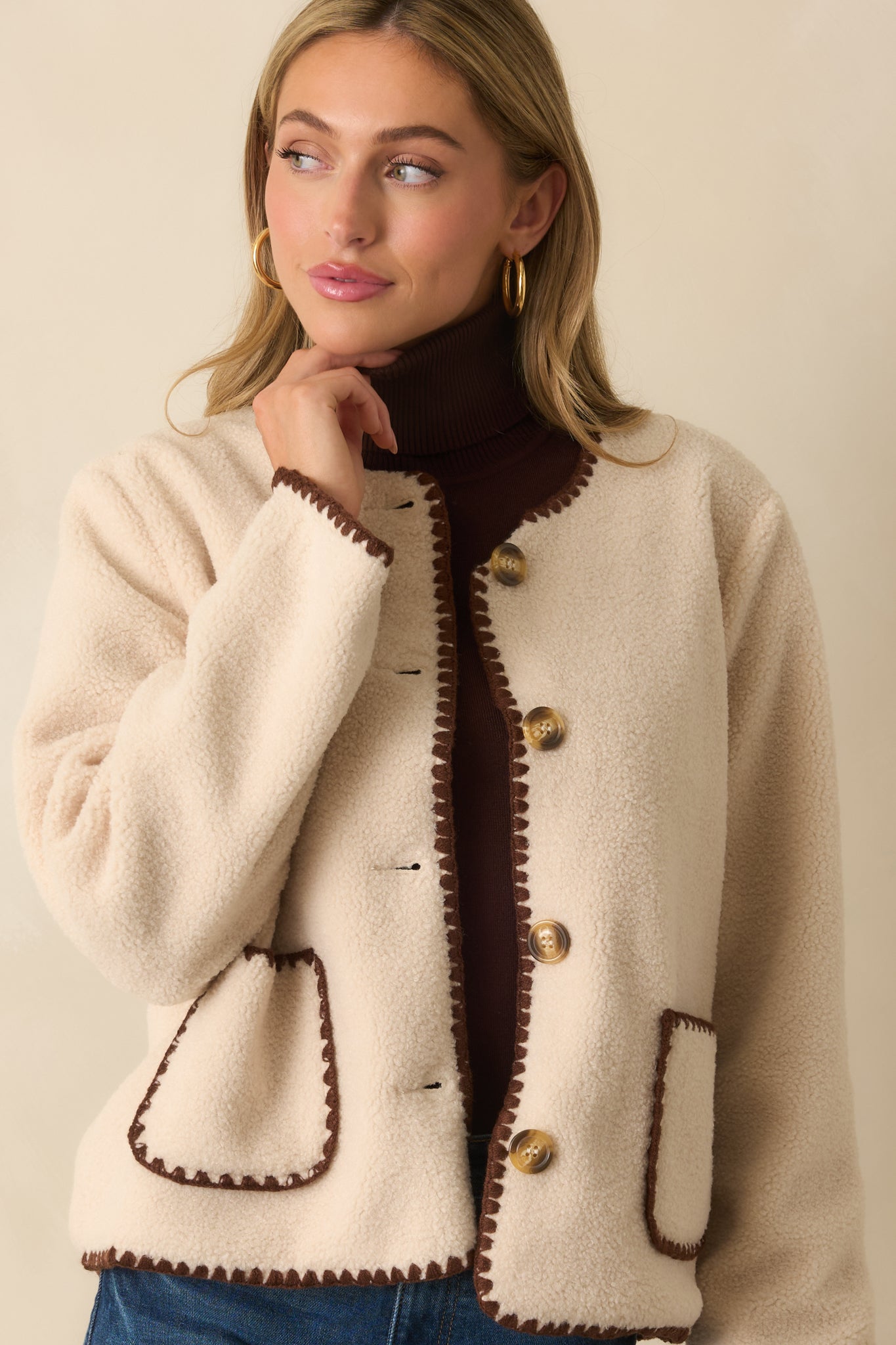 One More Thing Ivory Sherpa Fleece Contrast Trim Button Front Jacket