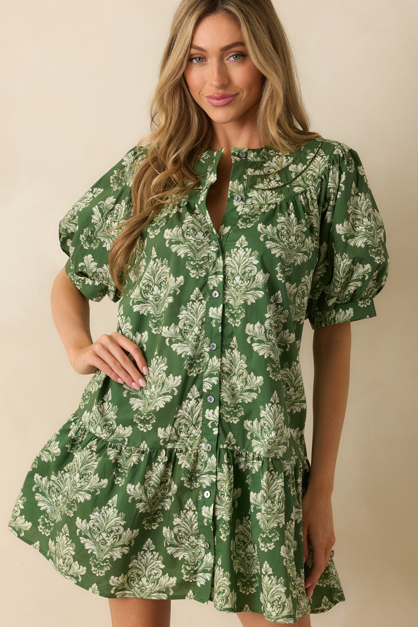 Heirloom Grace Green Damask Print Cotton Mini Dress