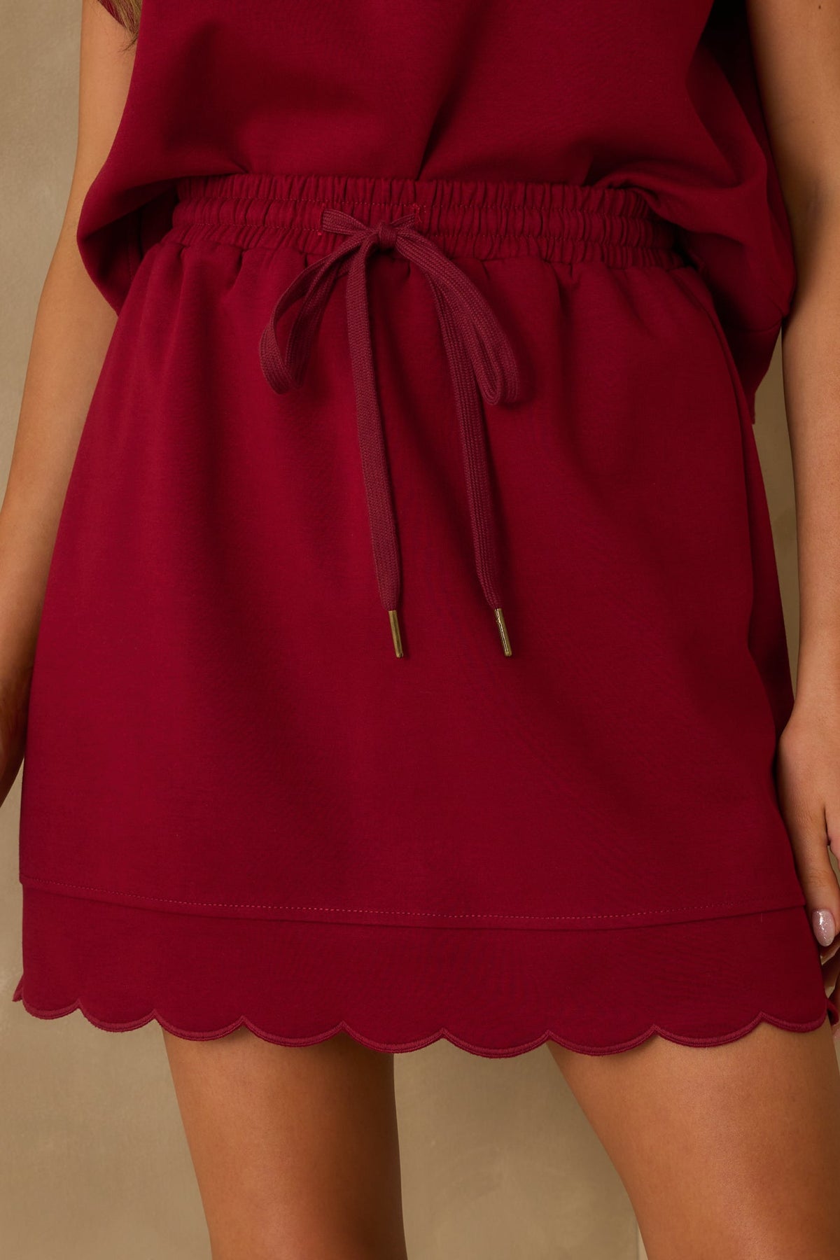In Passing Burgundy Cotton Scallop Hem Drawstring Mini Skirt