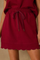 In Passing Burgundy Cotton Scallop Hem Drawstring Mini Skirt