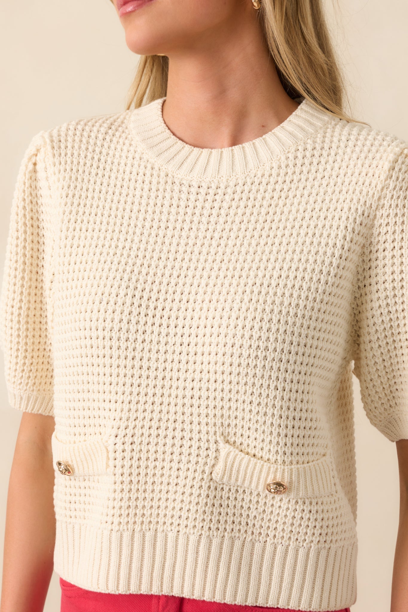 Nothing But Time Ivory Knit Cotton Short Sleeve Sweater