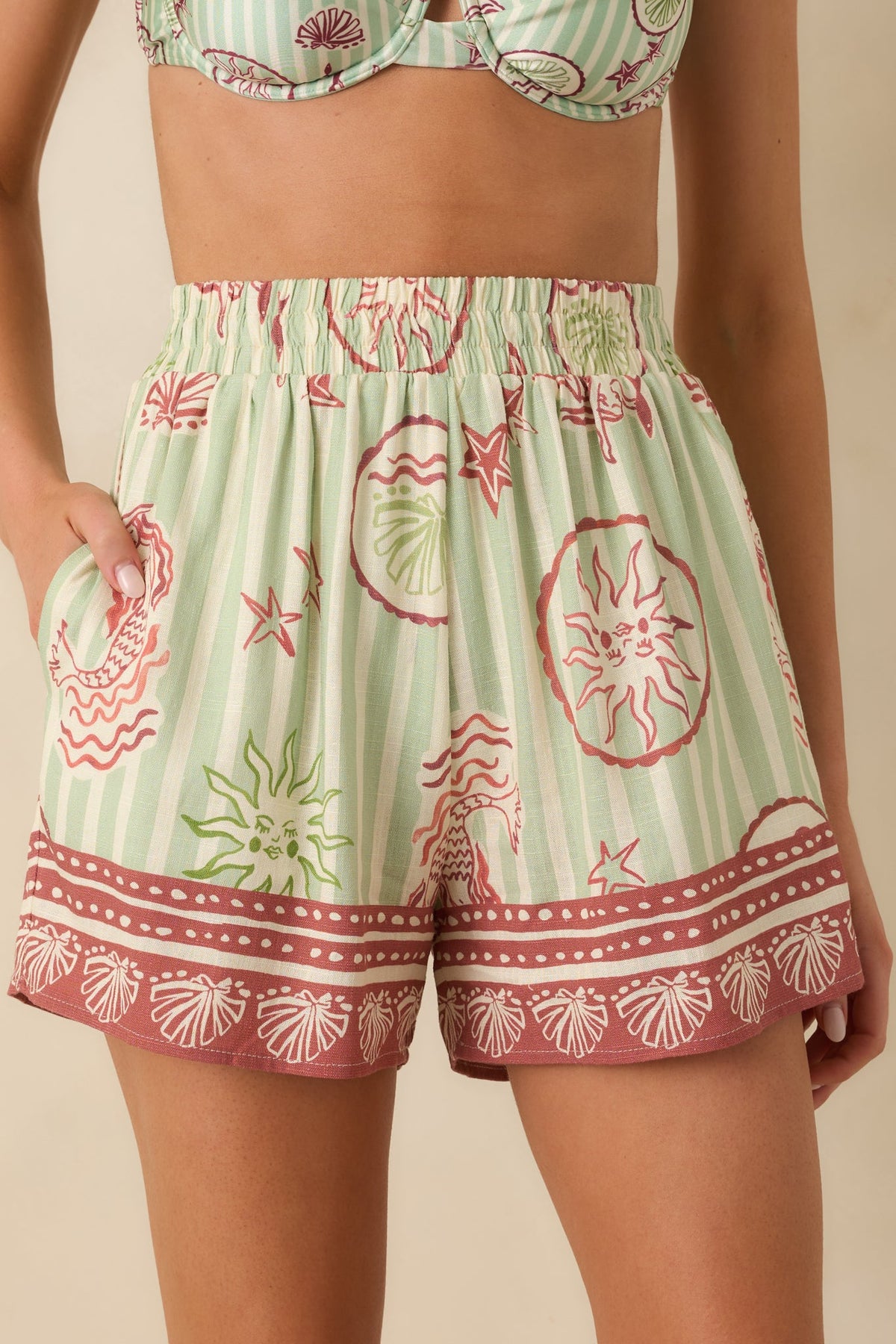 MINKPINK Soleil Green Stripe Linen Blend High Waist Shorts