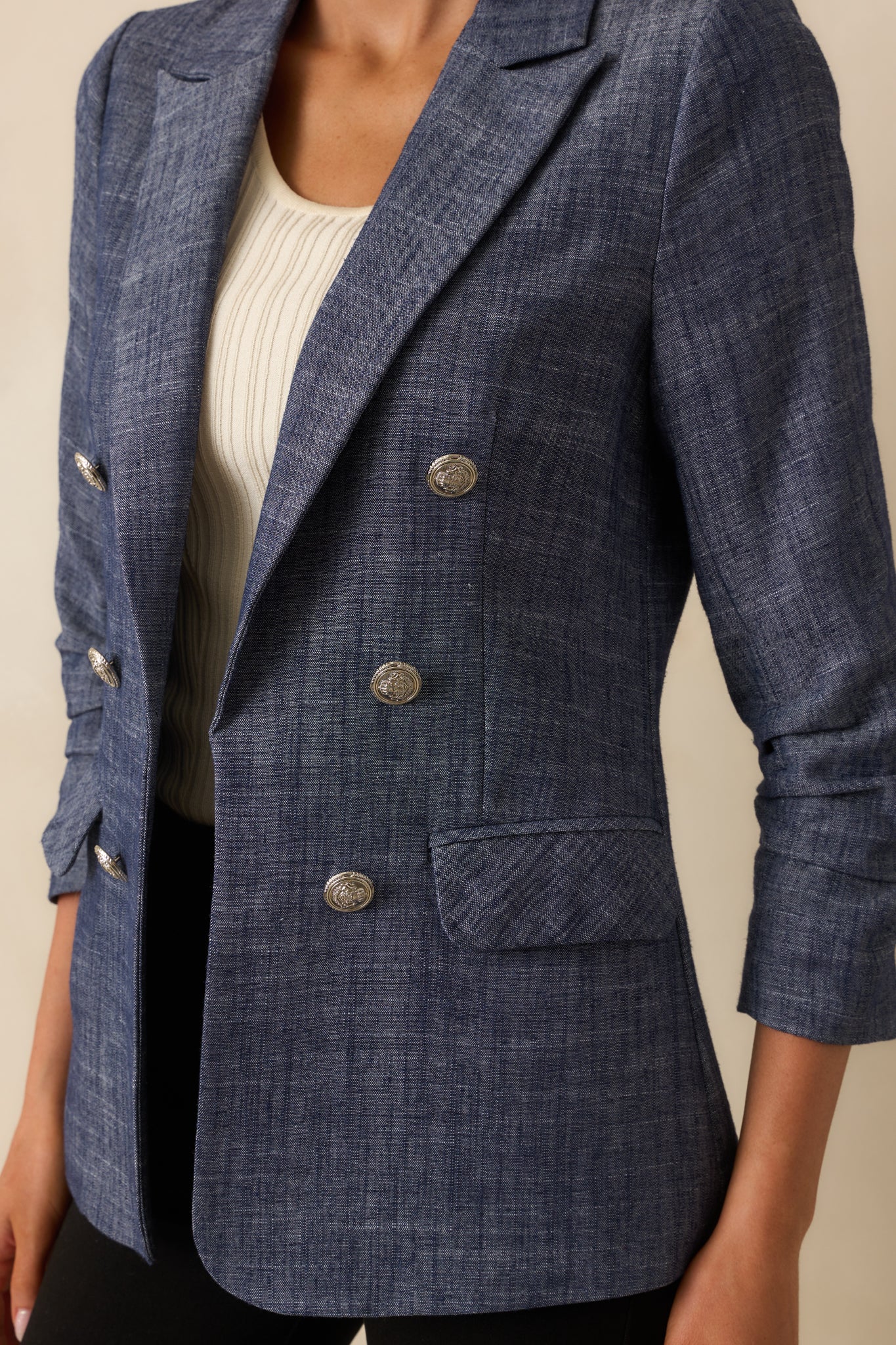 Confident Energy Dark Wash Chambray Ruched Sleeve Blazer