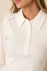 Effortlessly Neat White Ribbed Knit Lace Detail Collared Top