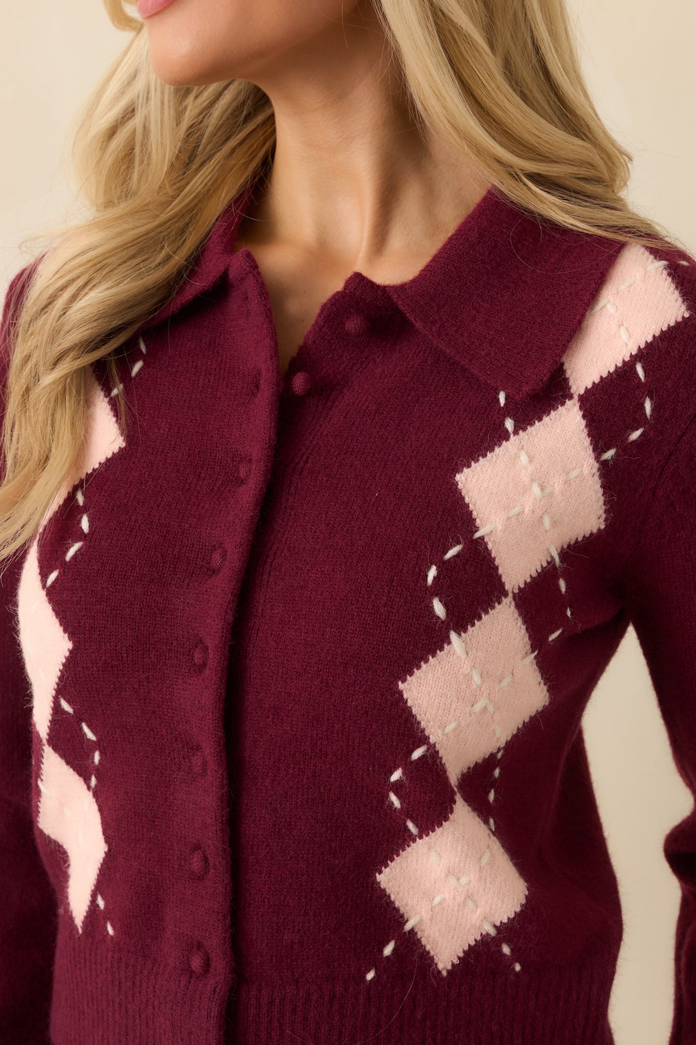 Nothing But Lovely Burgundy Argyle Collared Button Up Cardigan Sweater