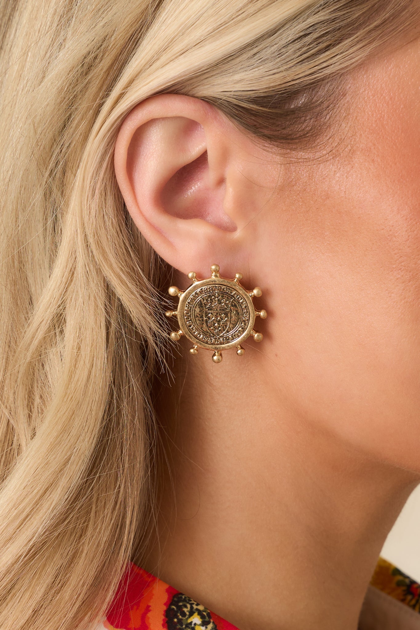 Step Aside Worn Gold Coin Embossed Medallion Earrings