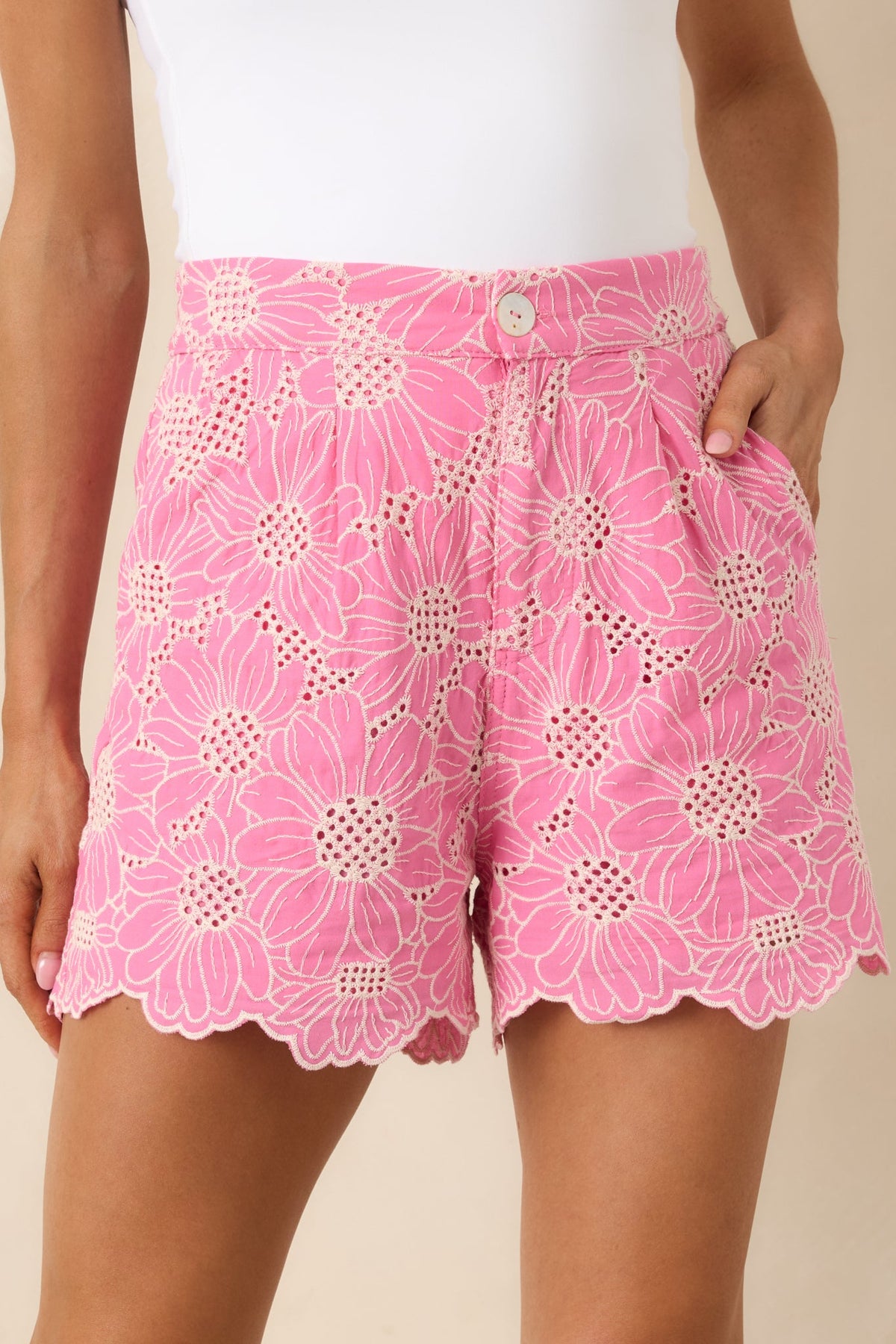 Look At You Pink Cotton Floral Embroidered Shorts