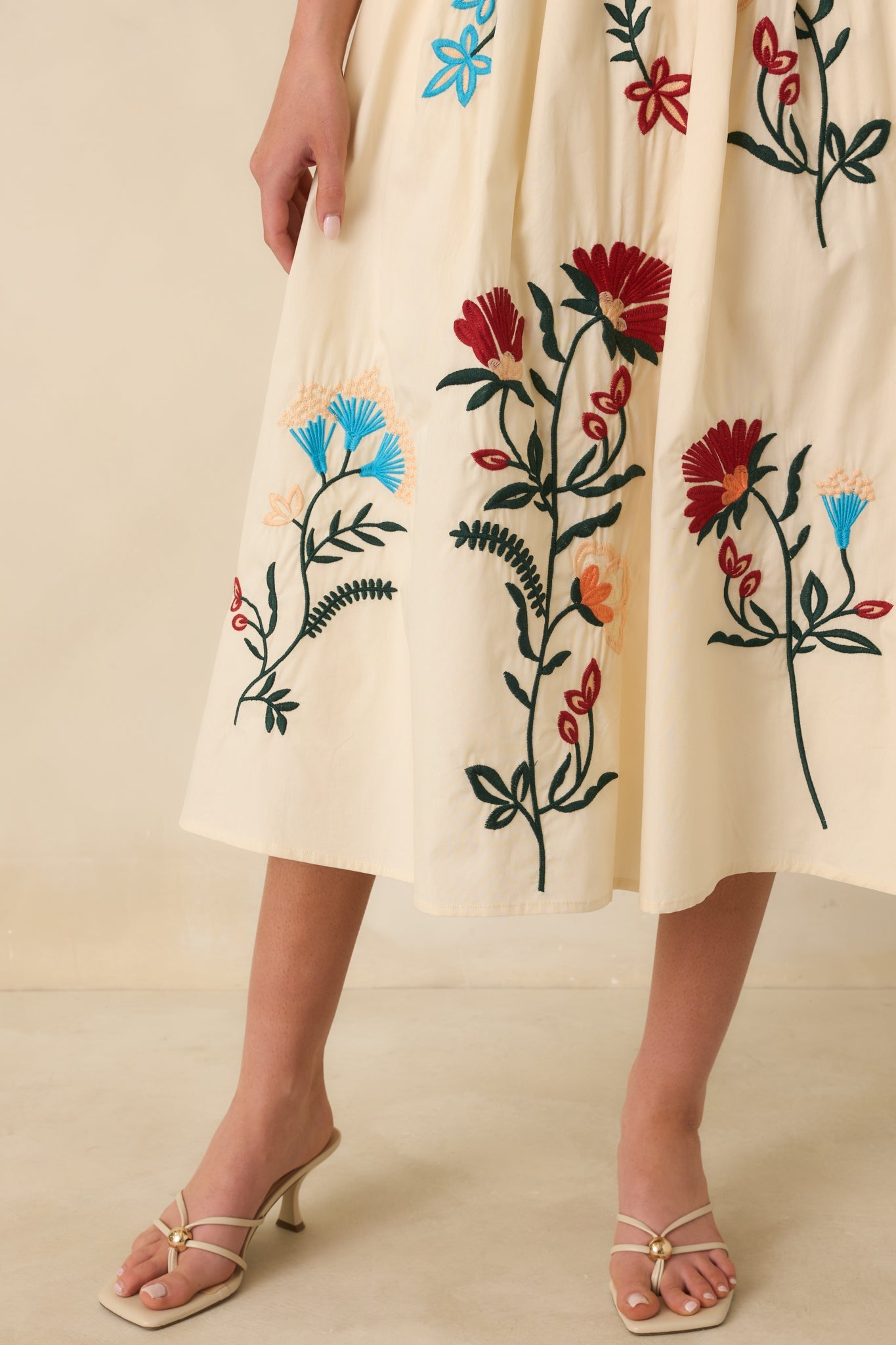 Found Treasures Natural Multi Floral Embroidered Midi Skirt