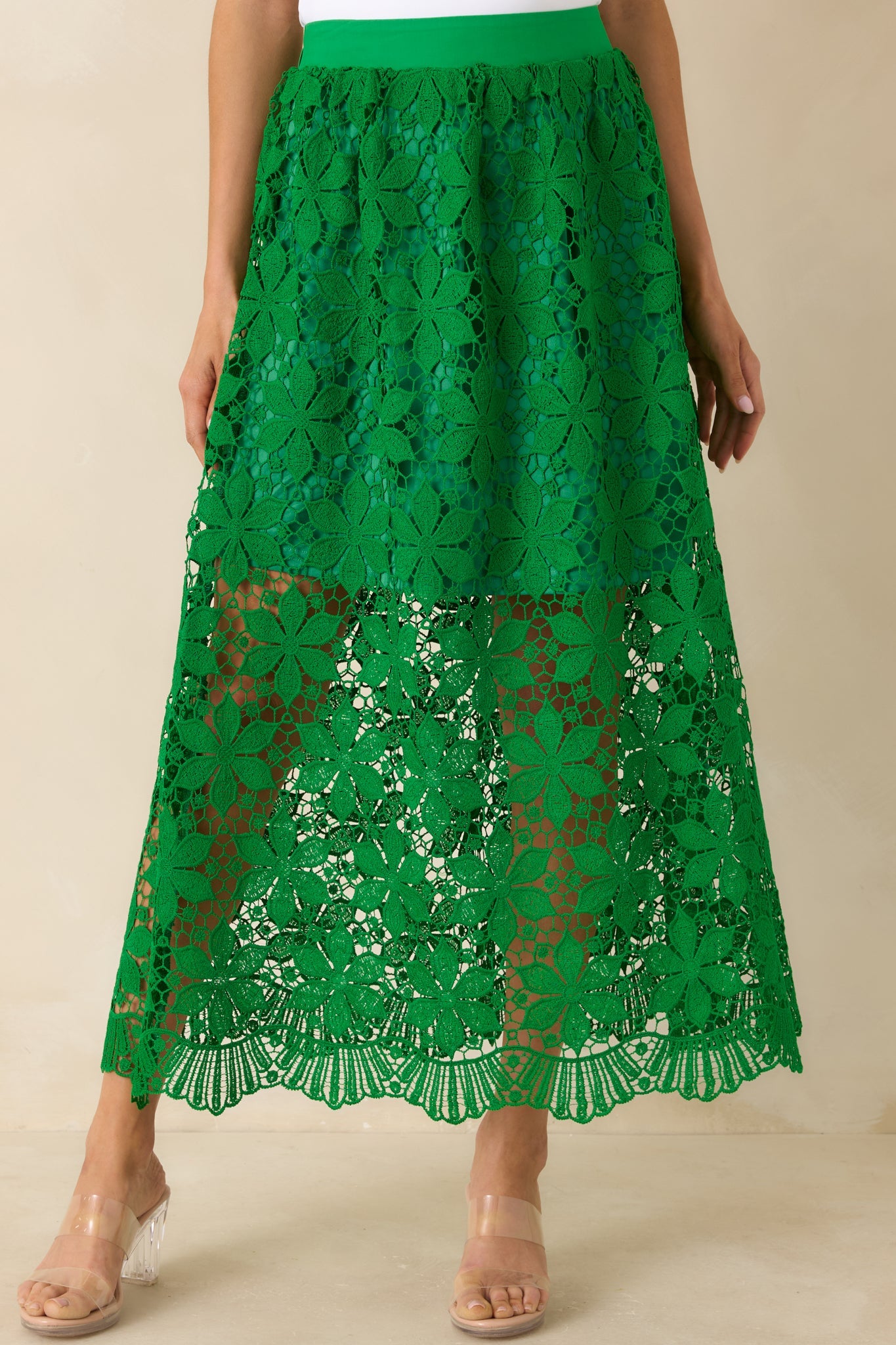 All the Attention Green Floral Lace Maxi Skirt