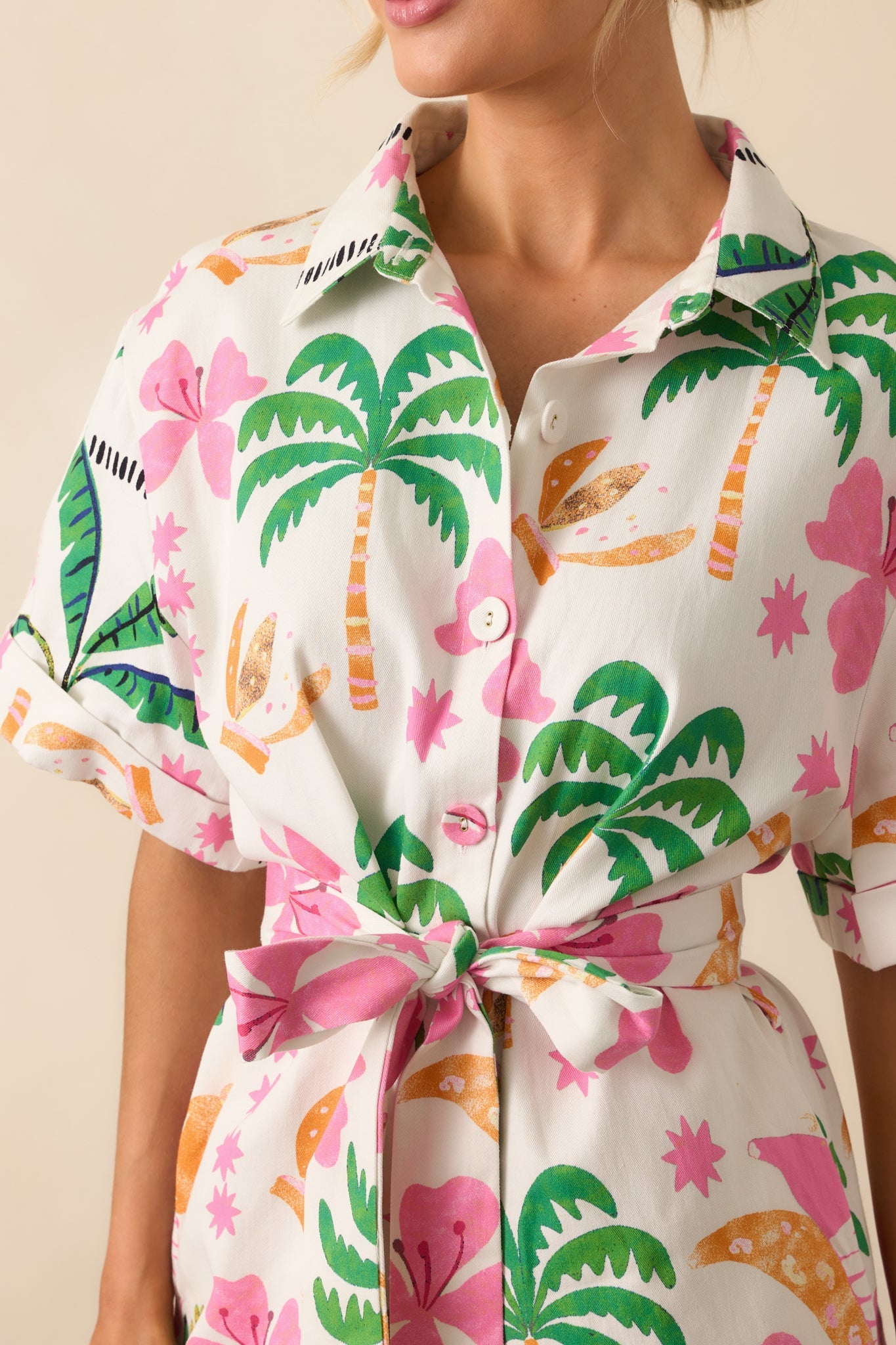 We Should Stay White Tropical Print Cotton Short Sleeve Romper