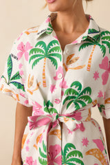 We Should Stay White Tropical Print Cotton Short Sleeve Romper