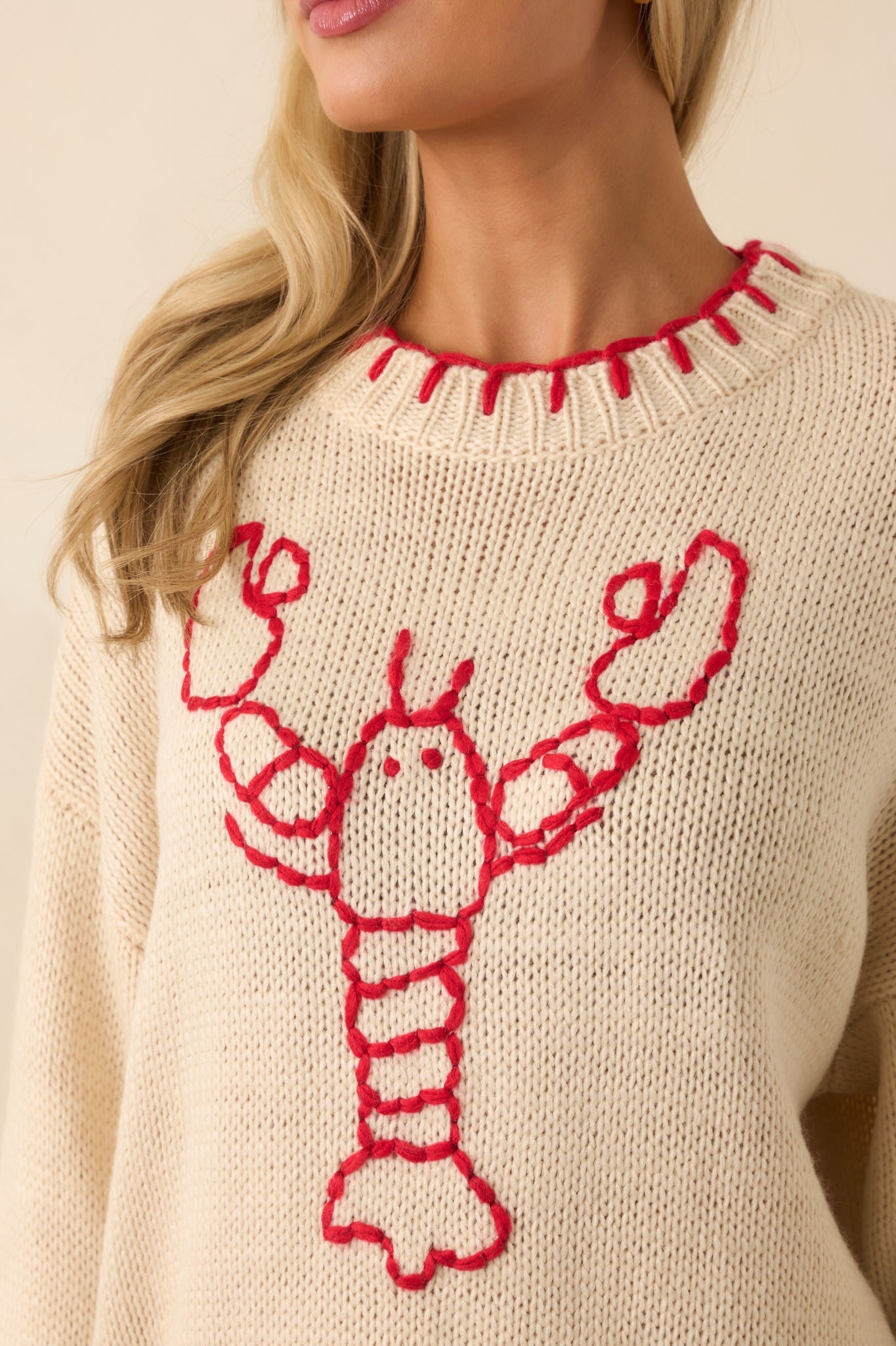 Harbor Nights Ecru Beige Lobster Motif Oversized Knit Sweater