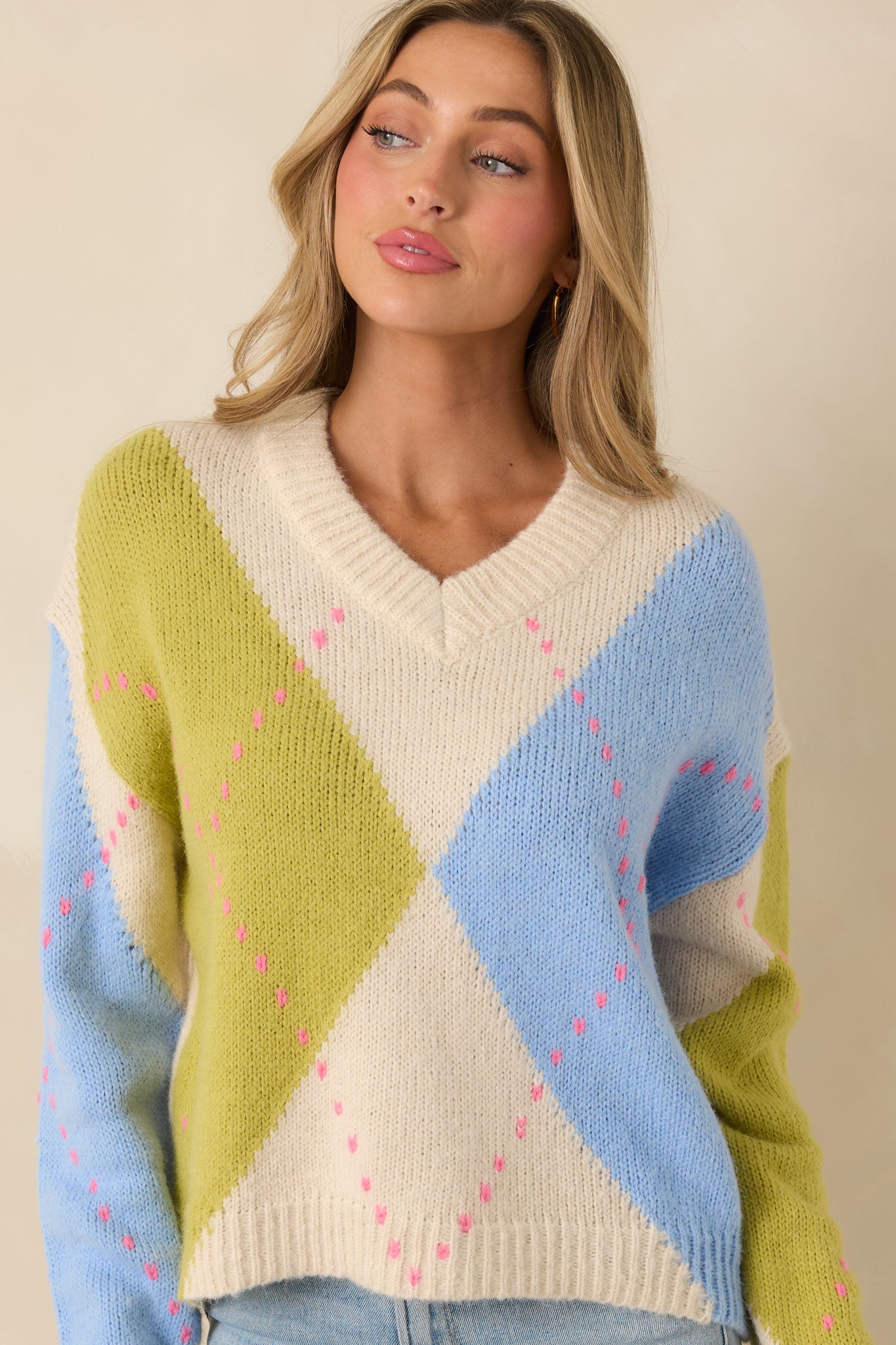 Can't Go Wrong Green & Blue Knit Argyle V-Neck Sweater